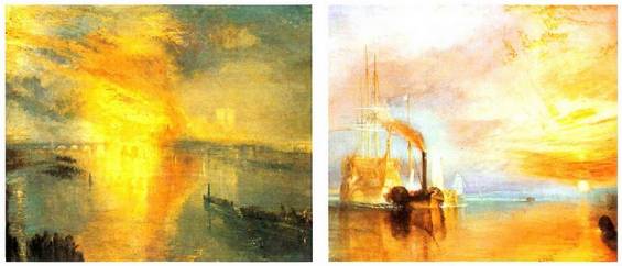 Turnerren bi obra. Ezkerrean, Parlamentuko sutea (1834). Clevelandeko arte museoa. Eskuinean, 'Ausarta' bere azken ainguratokira eramaten (1839).<br><br>Tate Gallery, Londres.<br><br>